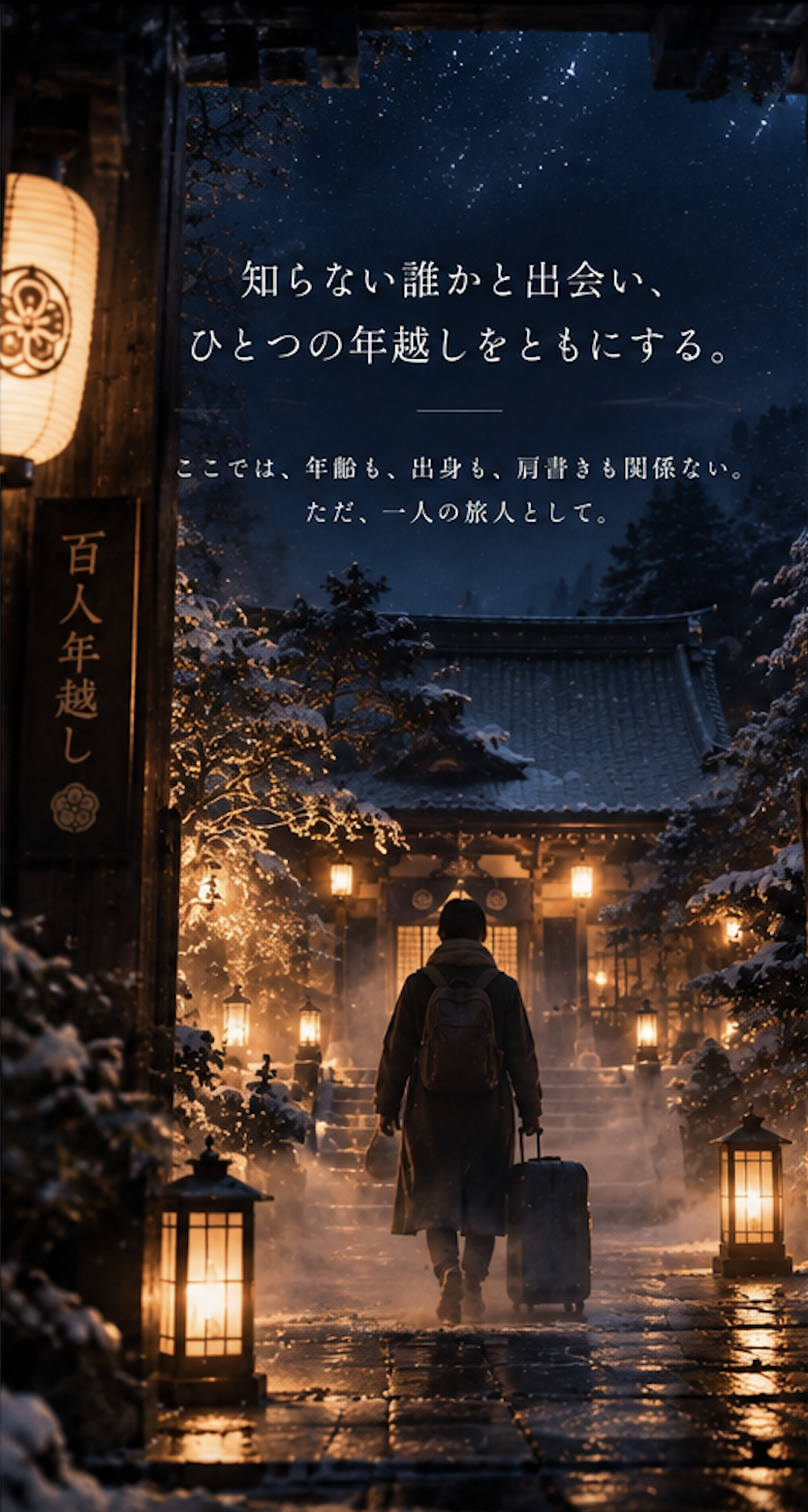 知らない誰かと出会い、ひとつの年越しをともにする。ここでは、年齢も、出身も、肩書きも関係ない。ただ、一人の旅人として。